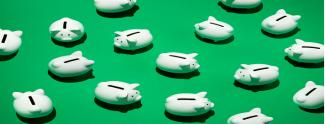 Field of piggy banks on green background